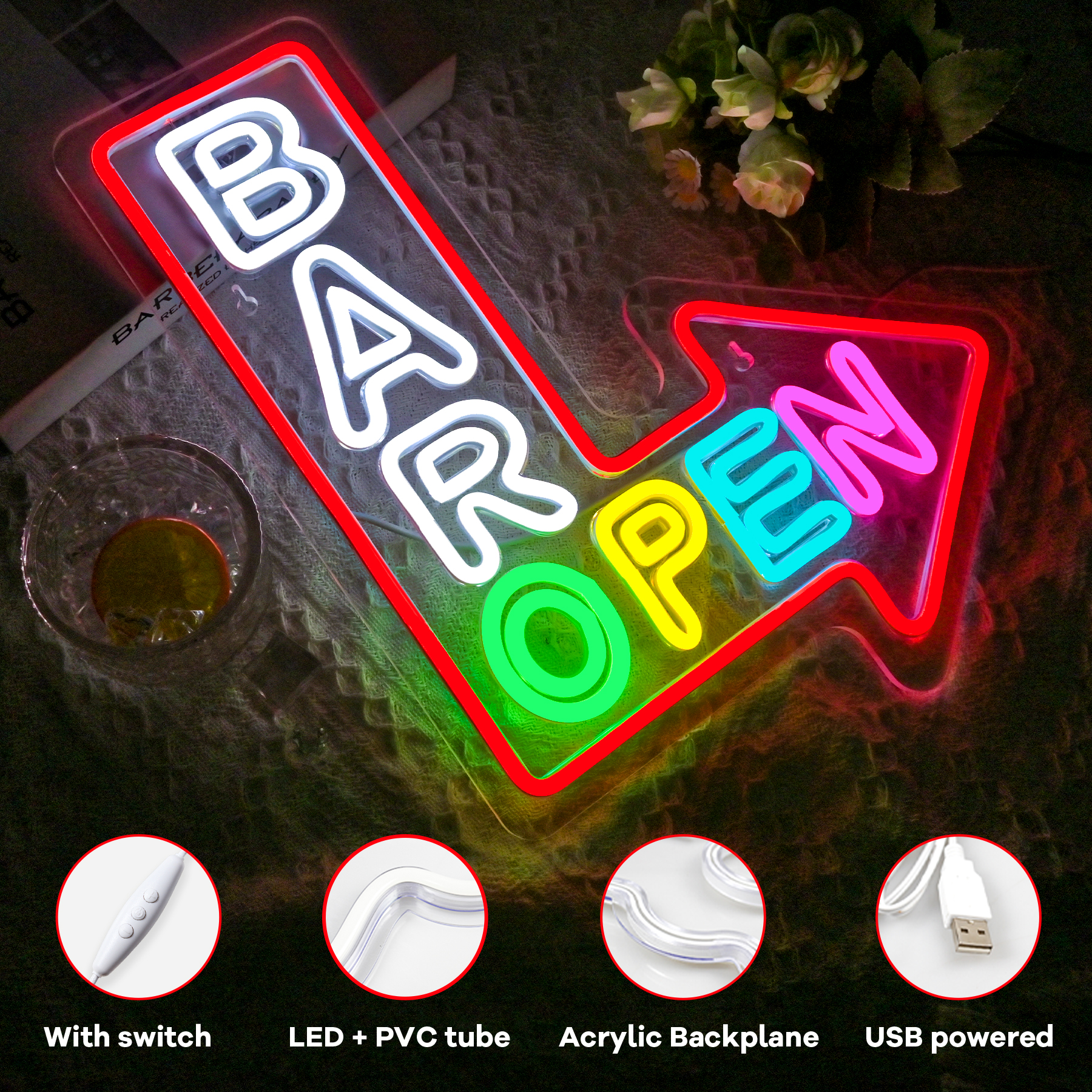 Bar Open Arrow Neon Sign Mix C - Home Gym Aesthetic บทวิจารณ์และราคา